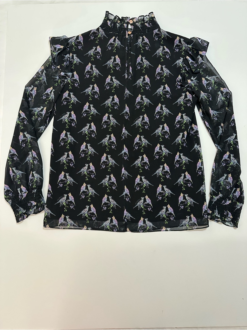TED BAKER ZABRINA LOVEBIRDS RUFFLE BLOUSE BLACK SHEER CHIFFON SIZE 1 - Picture 5 of 12